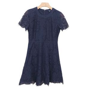 Madewell Lace Midi Dress Womens 0 Navy Short Sleeve Lined Back Zip Cocktail
